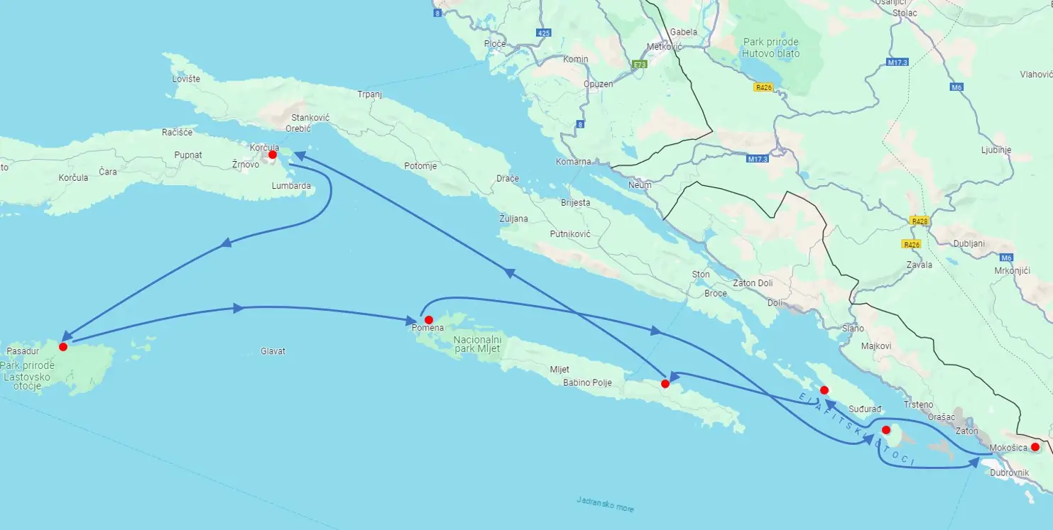 Dubrovnik region yacht charter route